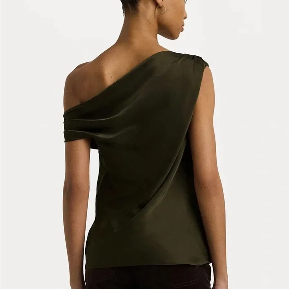 NWT Ralph Lauren Satin Charmeuse Off-the-Shoulder Blouse Botanic Green XSP - Picture 2 of 7